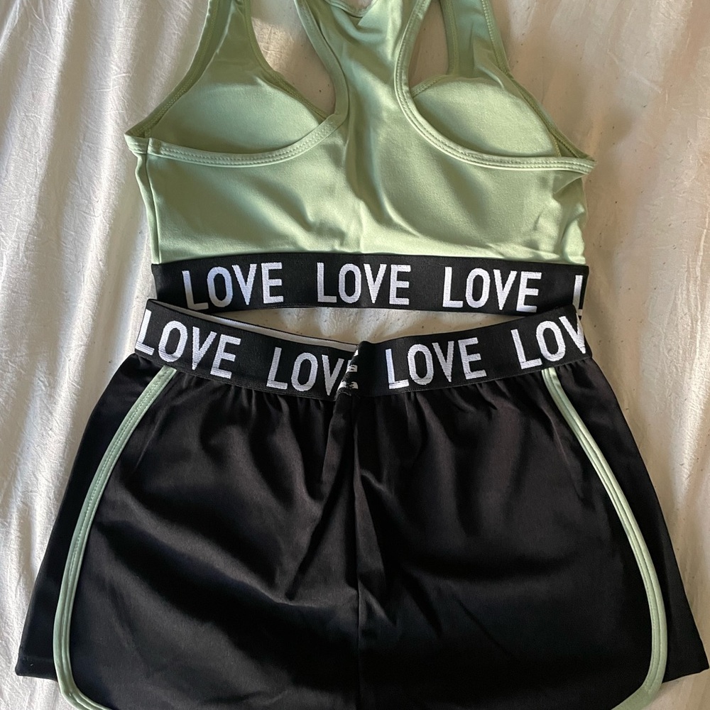Green and Black Sports Bra and Shorts Set
